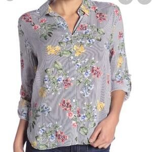 Como Vintage Blue Stripe Floral Button‎ Down Blouse Size Small NWT